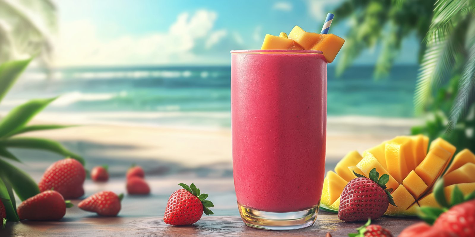 Refreshing tropical smoothie garnished with fresh fruit near the beach on a sunny day